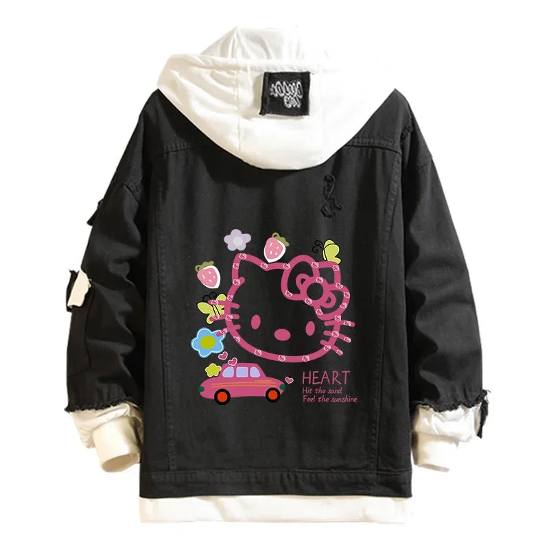 Hello Kitty Denim Bomber Jacket – Unisex Anime Sanrio Ripped Hoodie Sweatshirt, Long-Sleeved Cosplay Jeans Jacket