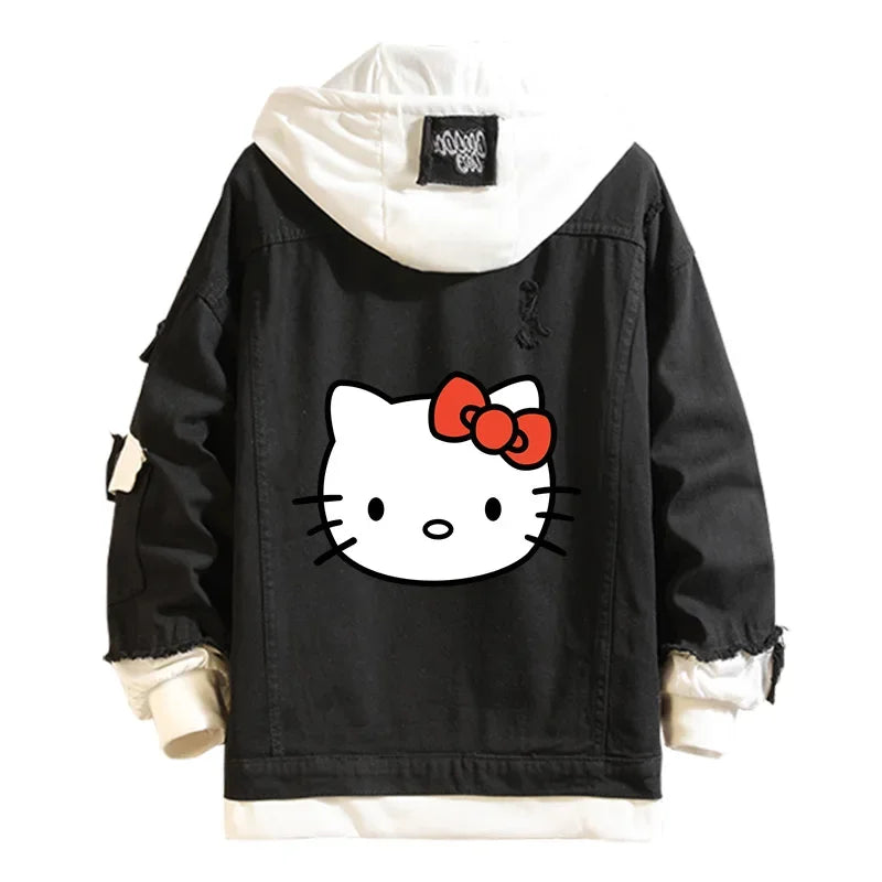 Hello Kitty Denim Bomber Jacket – Unisex Anime Sanrio Ripped Hoodie Sweatshirt, Long-Sleeved Cosplay Jeans Jacket