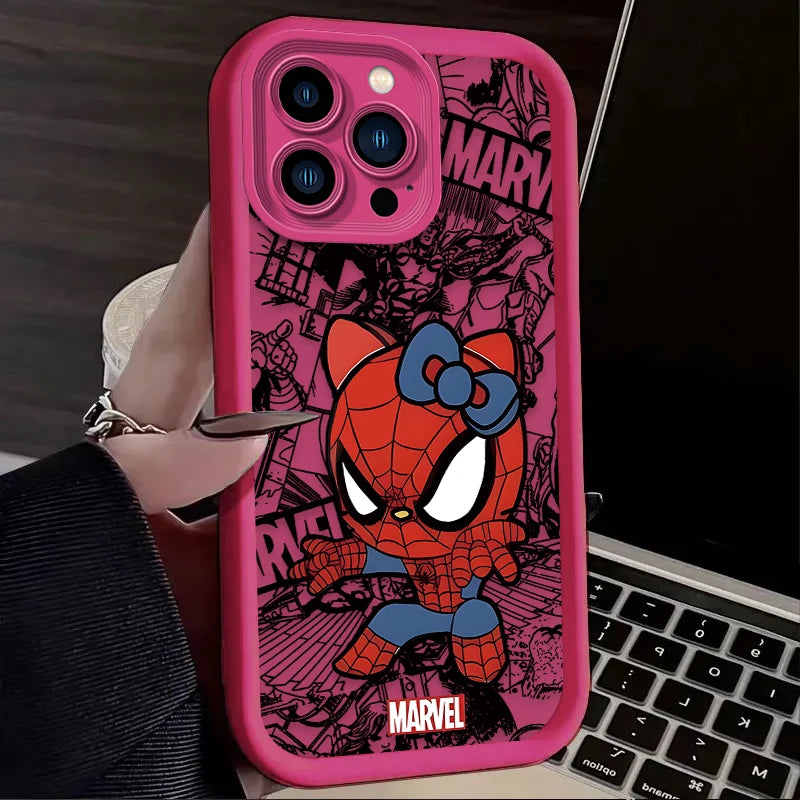 Spider-Man & Hello Kitty Silicone Phone Case - For iPhone 15, 14, 13, 12 | Cute & Protective Design"