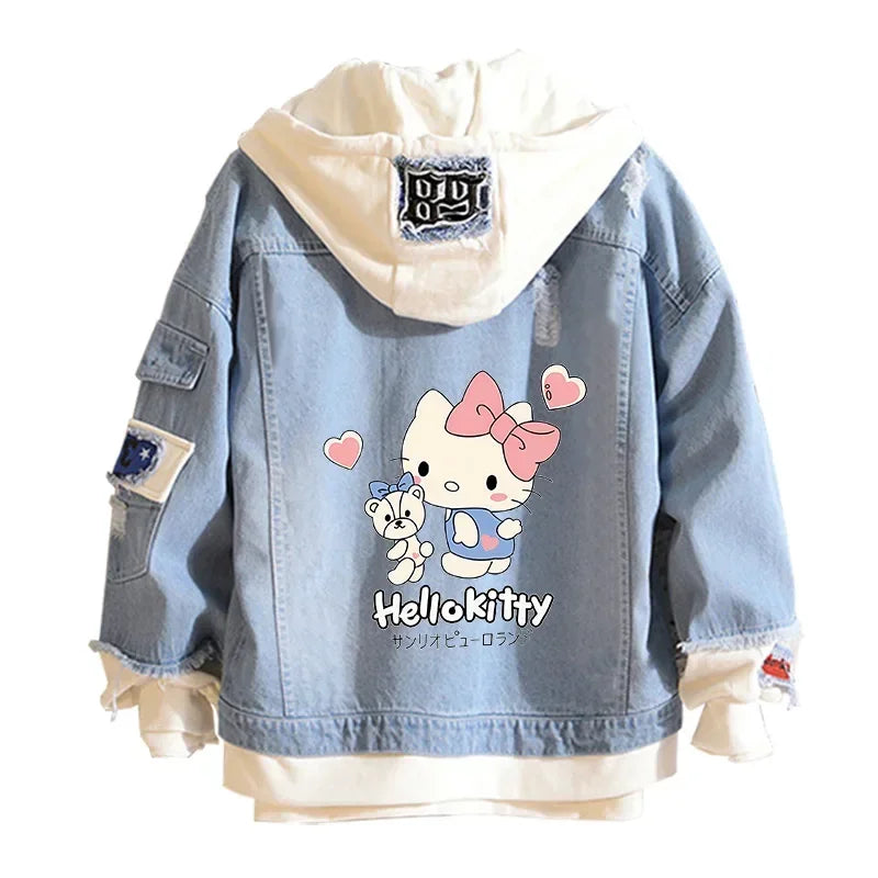 Hello Kitty Denim Bomber Jacket – Unisex Anime Sanrio Ripped Hoodie Sweatshirt, Long-Sleeved Cosplay Jeans Jacket