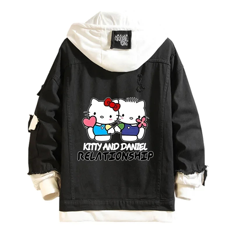 Hello Kitty Denim Bomber Jacket – Unisex Anime Sanrio Ripped Hoodie Sweatshirt, Long-Sleeved Cosplay Jeans Jacket