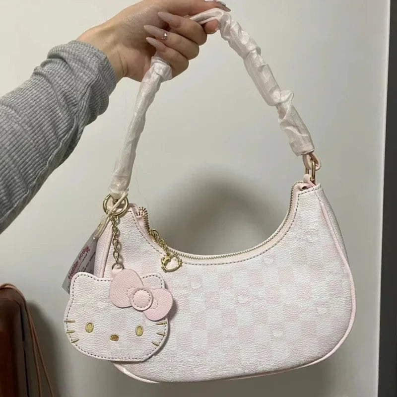 Kawaii Sanrio Pink Hello Kitty Mini Armpit Bag – Cute Shoulder Bag, Crescent Moon & Checkerboard Design