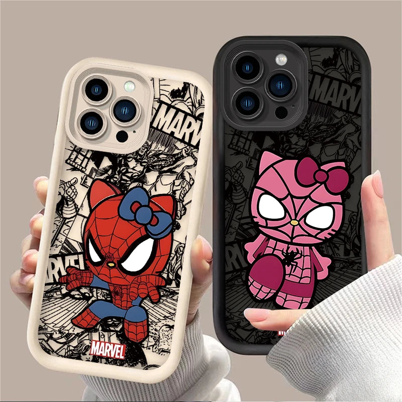 Spider-Man & Hello Kitty Silicone Phone Case - For iPhone 15, 14, 13, 12 | Cute & Protective Design"