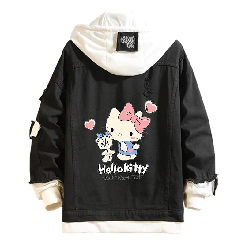 Hello Kitty Denim Bomber Jacket – Unisex Anime Sanrio Ripped Hoodie Sweatshirt, Long-Sleeved Cosplay Jeans Jacket