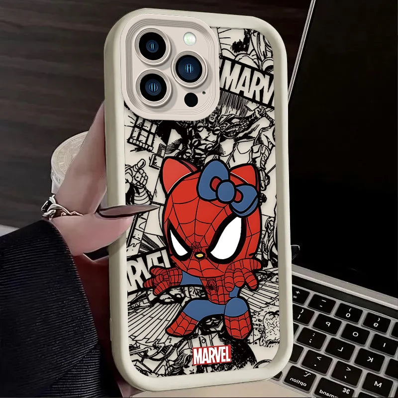 Spider-Man & Hello Kitty Silicone Phone Case - For iPhone 15, 14, 13, 12 | Cute & Protective Design"