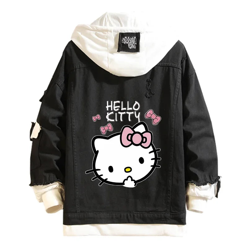 Hello Kitty Denim Bomber Jacket – Unisex Anime Sanrio Ripped Hoodie Sweatshirt, Long-Sleeved Cosplay Jeans Jacket