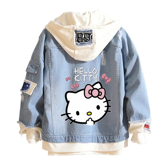 Hello Kitty Denim Bomber Jacket – Unisex Anime Sanrio Ripped Hoodie Sweatshirt, Long-Sleeved Cosplay Jeans Jacket