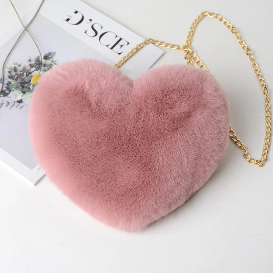 Cute Heart Shaped Women's Faux Fur Handbag – Soft Plush Crossbody & Chain Shoulder Bag 25x20 CM