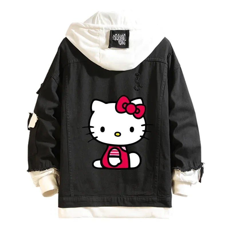 Hello Kitty Denim Bomber Jacket – Unisex Anime Sanrio Ripped Hoodie Sweatshirt, Long-Sleeved Cosplay Jeans Jacket