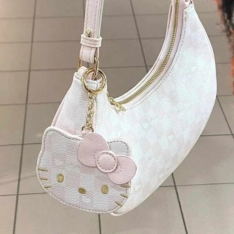 Kawaii Sanrio Pink Hello Kitty Mini Armpit Bag – Cute Shoulder Bag, Crescent Moon & Checkerboard Design