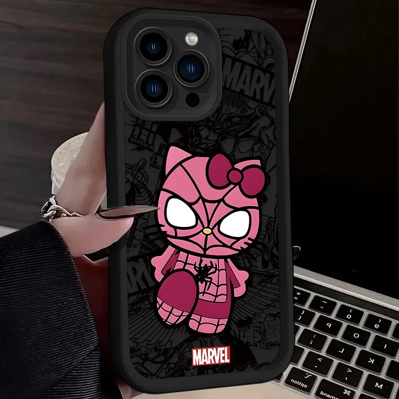 Spider-Man & Hello Kitty Silicone Phone Case - For iPhone 15, 14, 13, 12 | Cute & Protective Design"