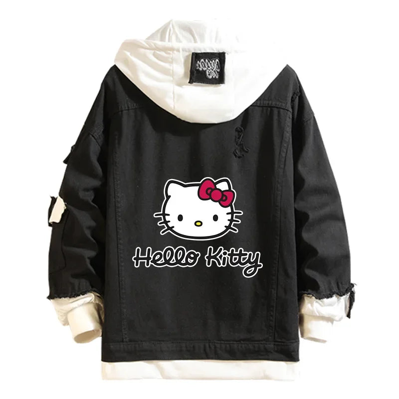 Hello Kitty Denim Bomber Jacket – Unisex Anime Sanrio Ripped Hoodie Sweatshirt, Long-Sleeved Cosplay Jeans Jacket