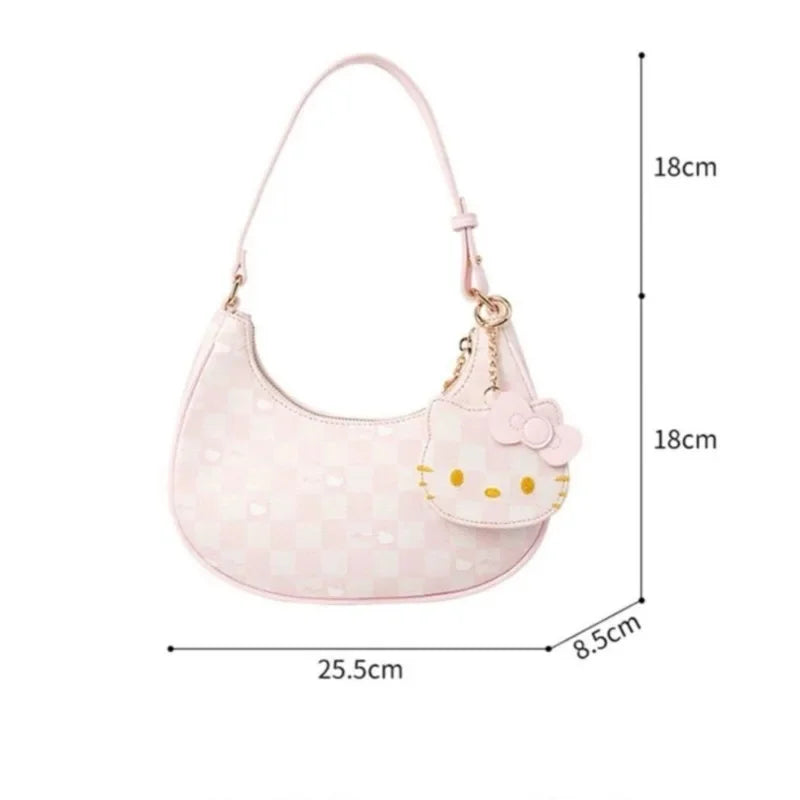 Kawaii Sanrio Pink Hello Kitty Mini Armpit Bag – Cute Shoulder Bag, Crescent Moon & Checkerboard Design